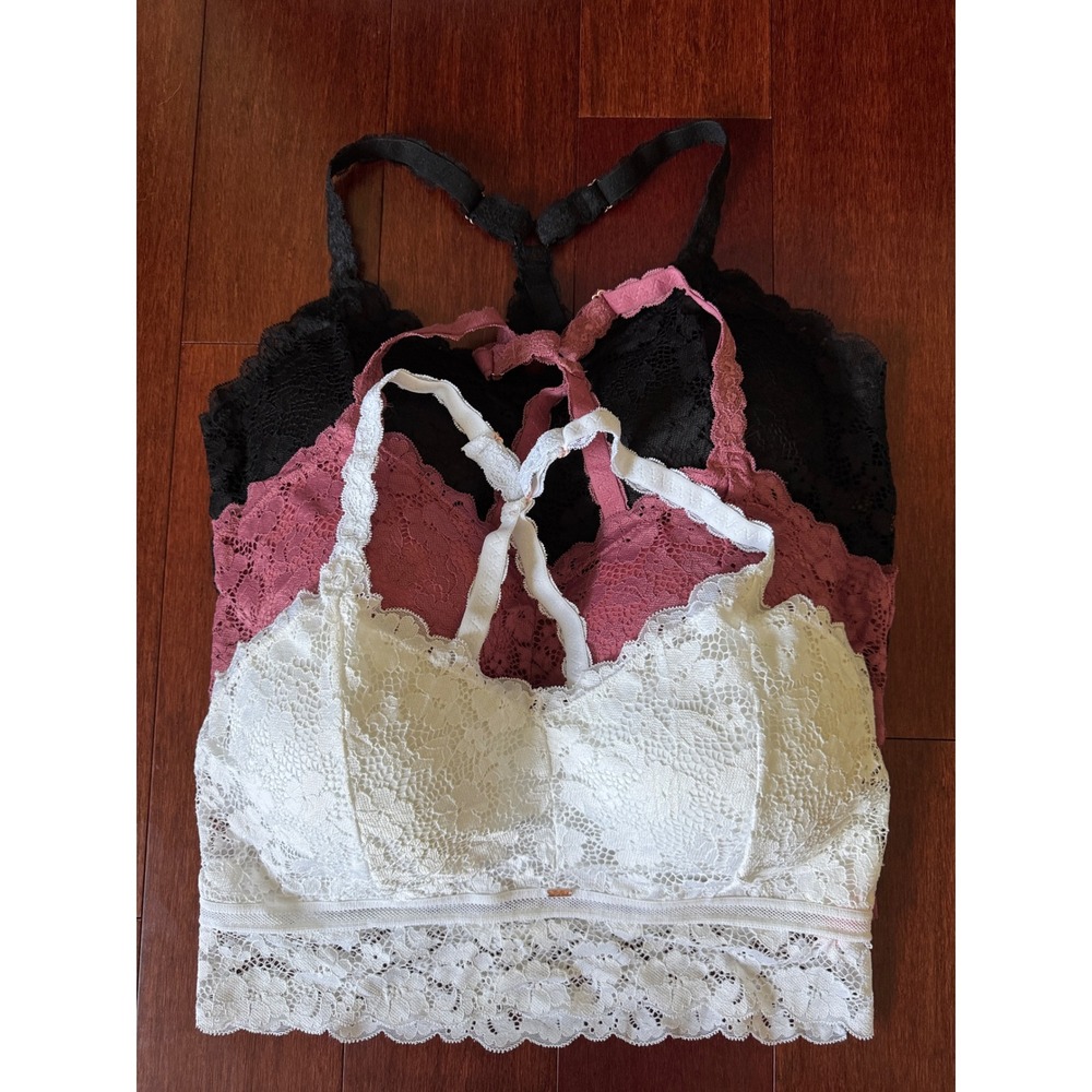 Jadyk Floral Lace Bralette Set 3 Pack Black White Pink Racerback Strappy Lined